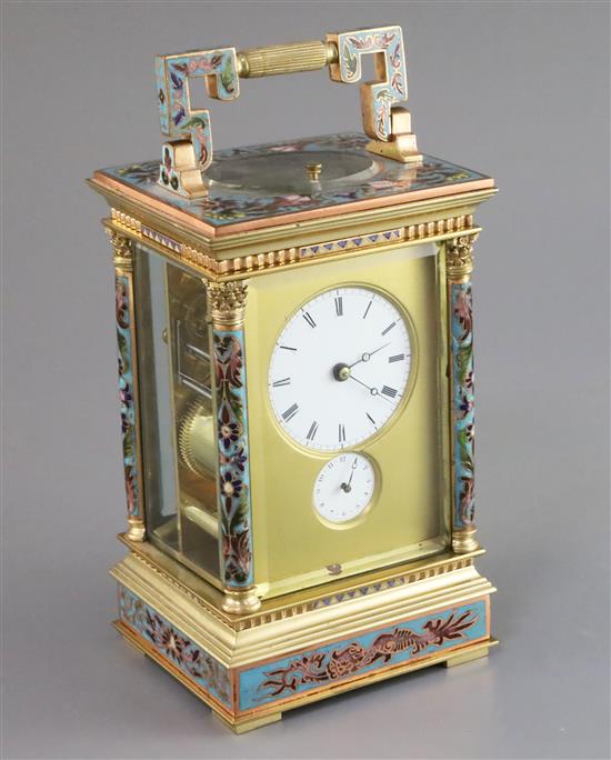 An early 20th century French ormolu and champleve enamel hour repeating carriage alarum clock, height 7.5in.